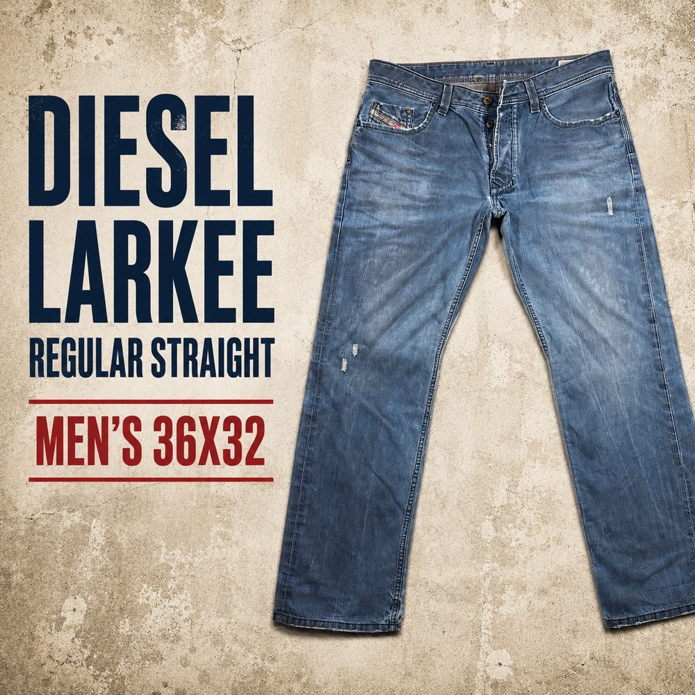 UNIQUE Diesel Larkee Regular Straight Leg Jeans Mens 36x32 Blue Denim Button Fly